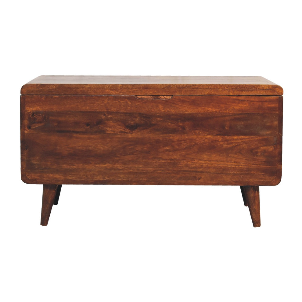 Chestnut wood blanket chest shown straight on against a white background