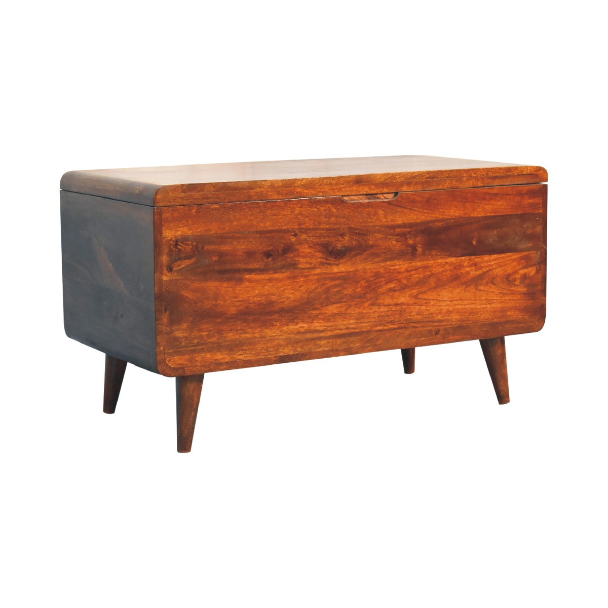 Chestnut blanket chest angled to show its front and left side