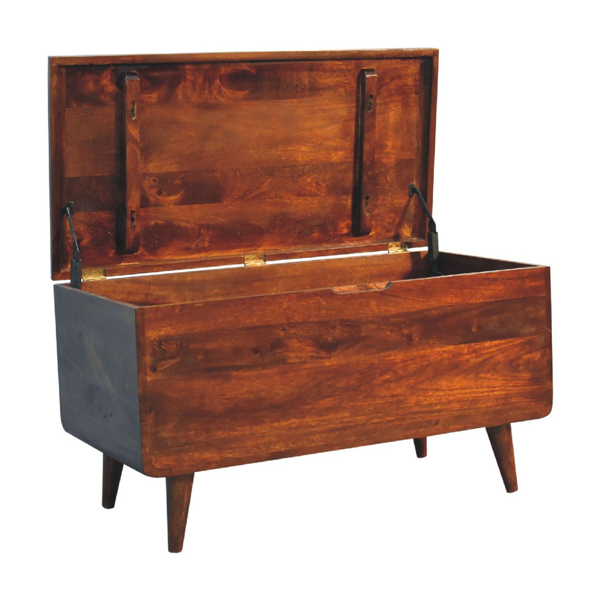 Chestnut blanket chest open, showing its interior and raised lid