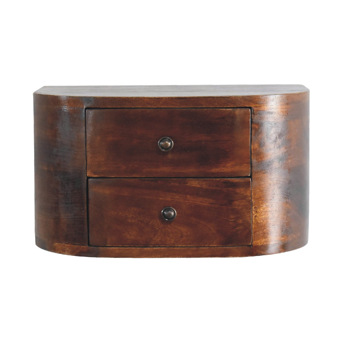 Chestnut-finish floating nightstand viewed from the front with two drawers