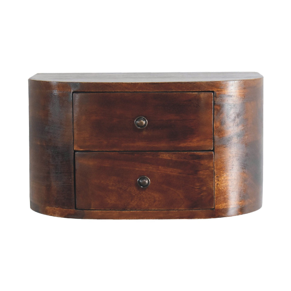 Chestnut-finish floating nightstand viewed from the front with two drawers