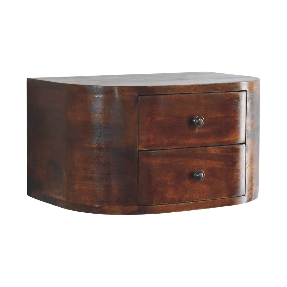Chestnut-finish nightstand shown from the front and left side