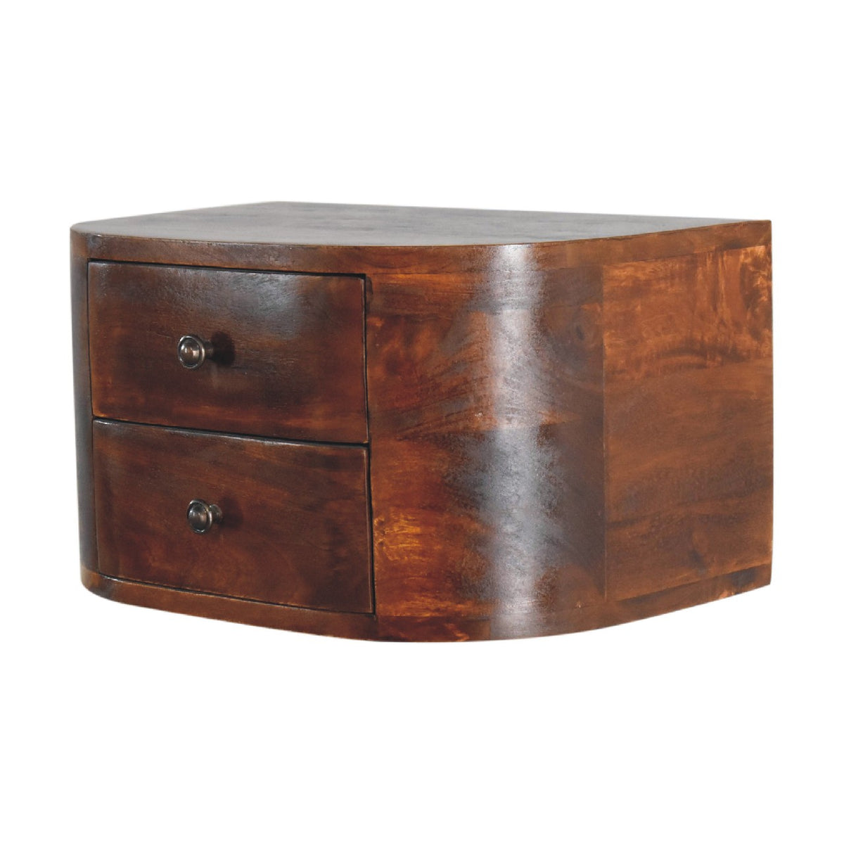 Chestnut-finish nightstand shown from the front and right side