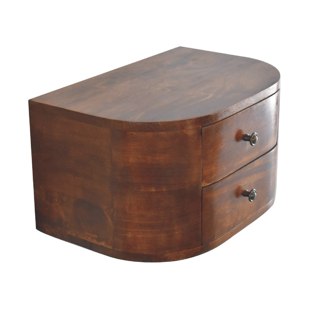 Chestnut-finish nightstand viewed from above and at an angle