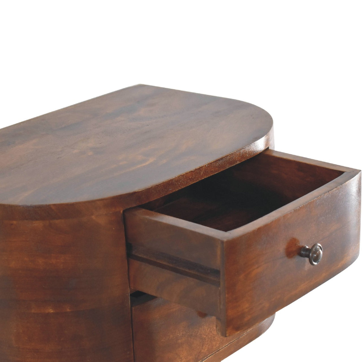 Angled close view of a drawer pulled open on the chestnut nightstand