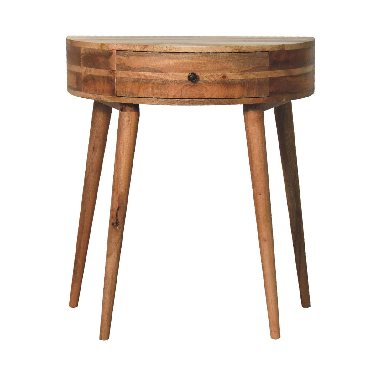 Round warm-brown wooden console table shown straight on against a white background