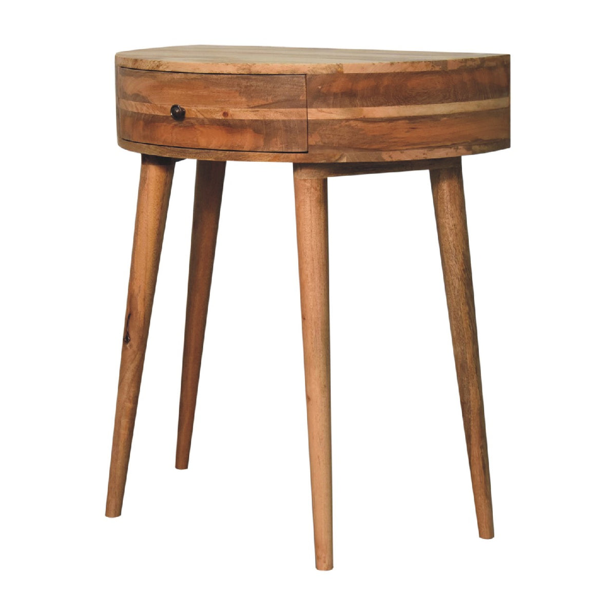 Warm-brown round console table viewed at an angle against a white background