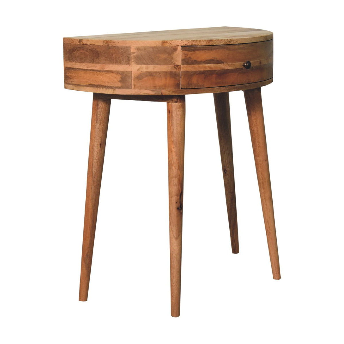 Round wooden console table shown from the opposite angled side on white