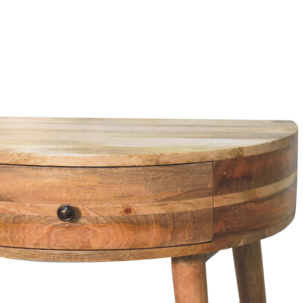Close view of the console table's wood grain, curved edge, drawer, and dark knob