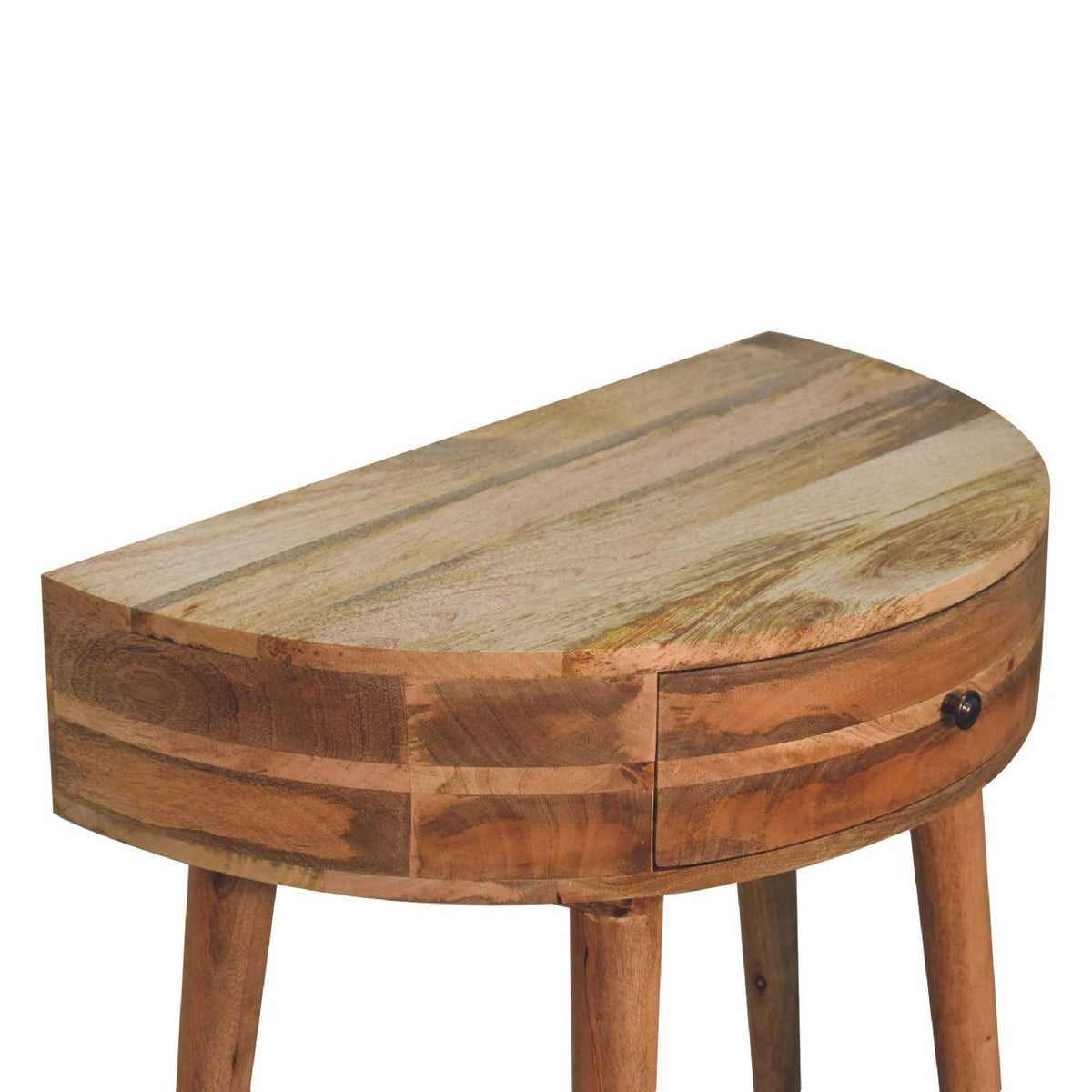 Angled top view of the round console table with visible wood grain and drawer