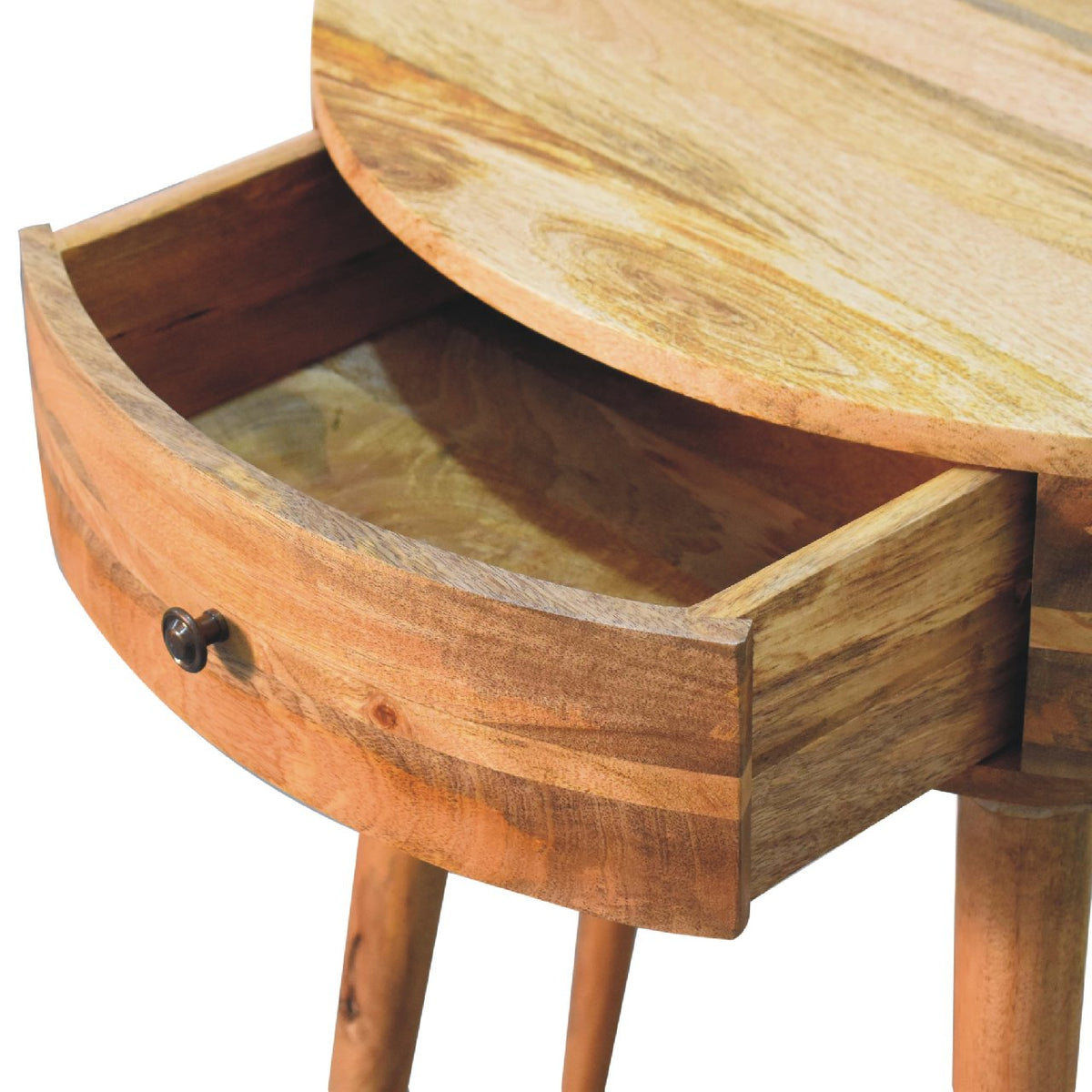 Open curved drawer showing the inside of the wooden console table