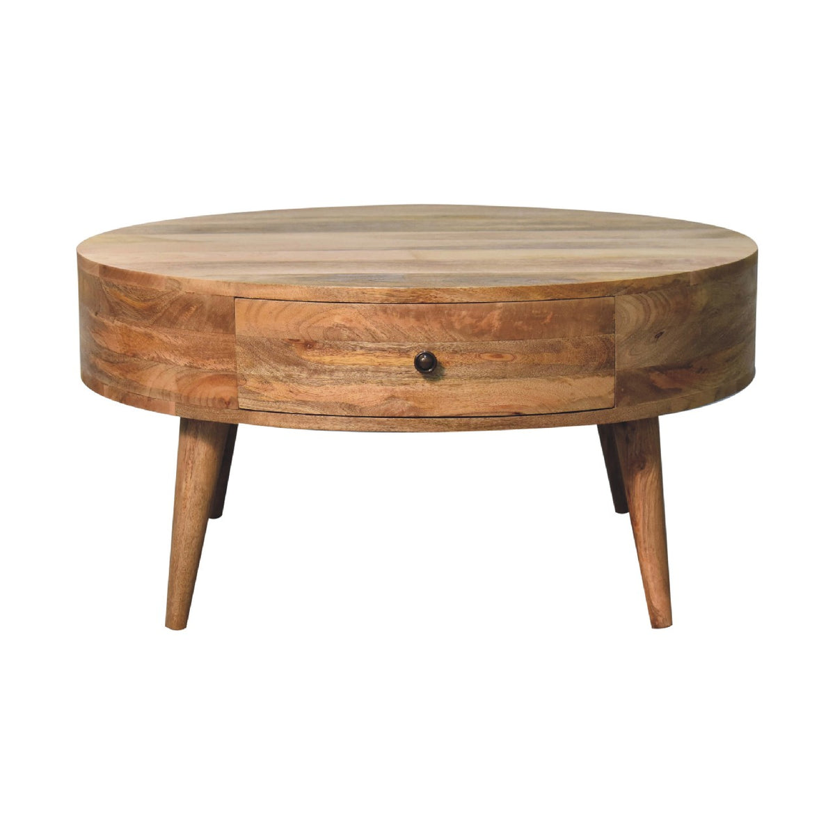 Round oak-finish wood coffee table with drawer, shown from the front on white