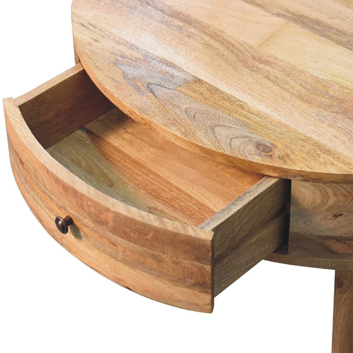 Open drawer extending from the round wood coffee table, shown close up
