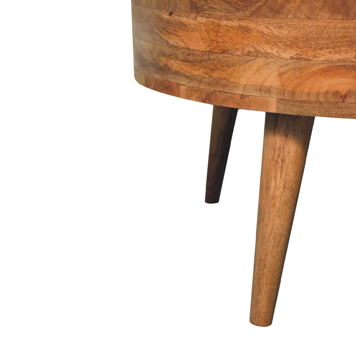 Close-up view of a tapered wood leg beneath the table edge