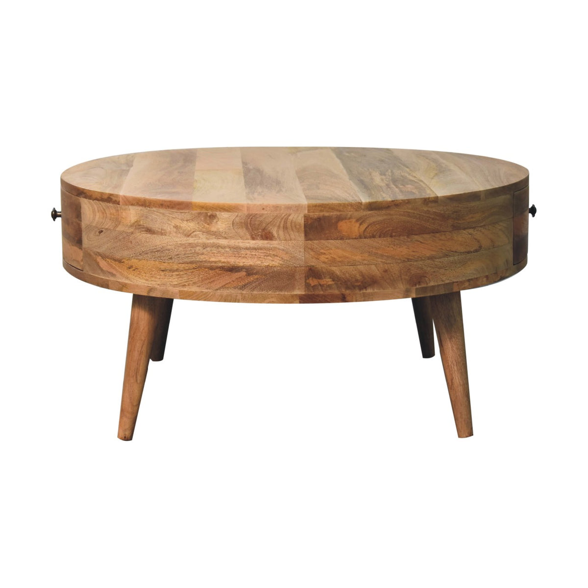 Round wood coffee table viewed from the front at a slight angle on white