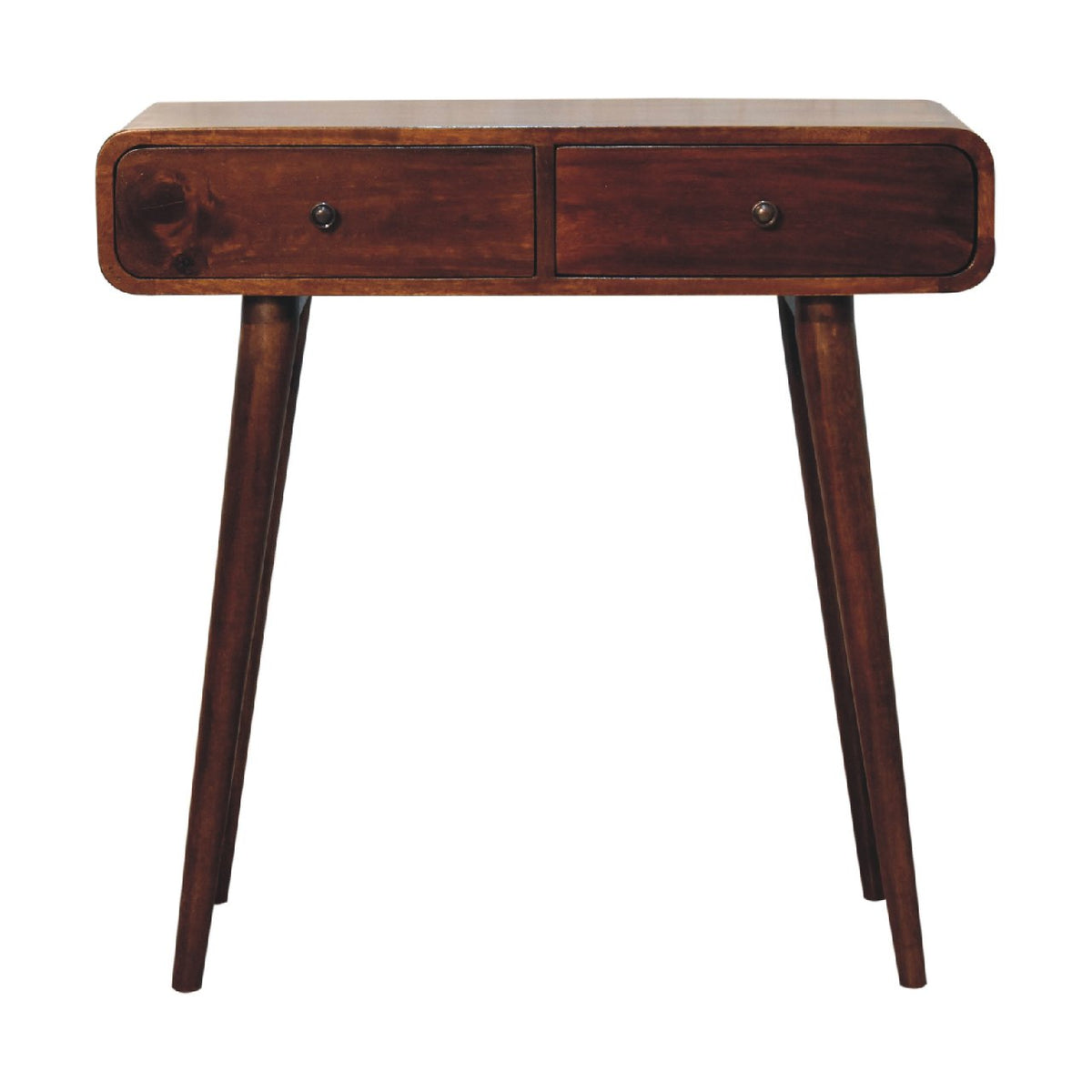 Chestnut wood console table with two drawers, straight-on front view