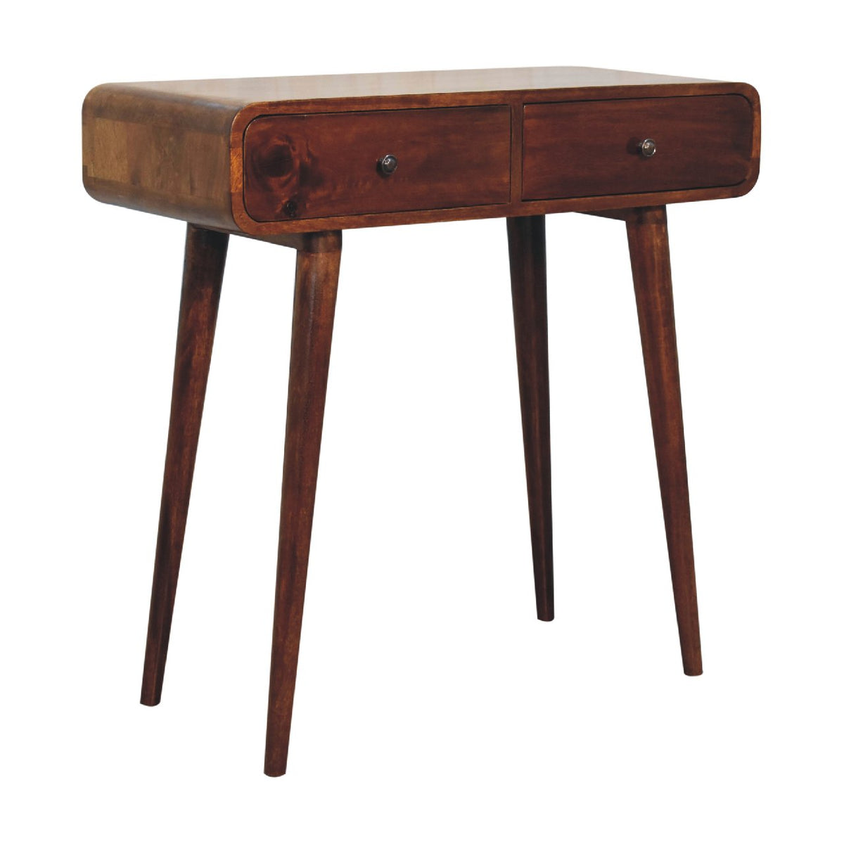 Chestnut two-drawer console table shown from an angled front view