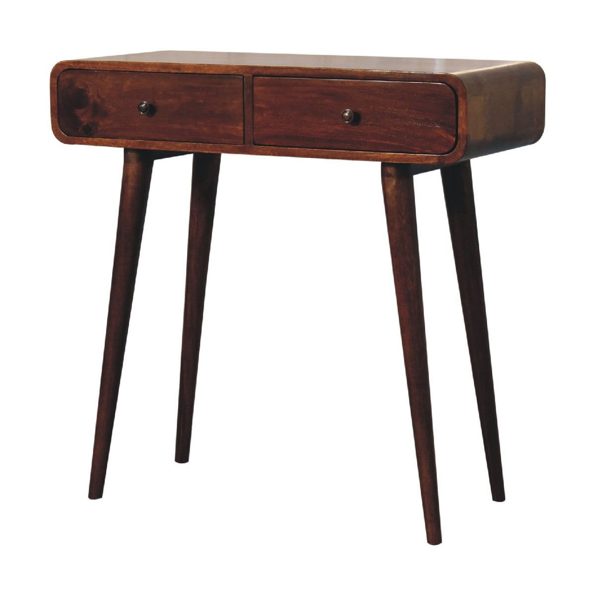 Chestnut console table with two drawers, viewed from the opposite angle