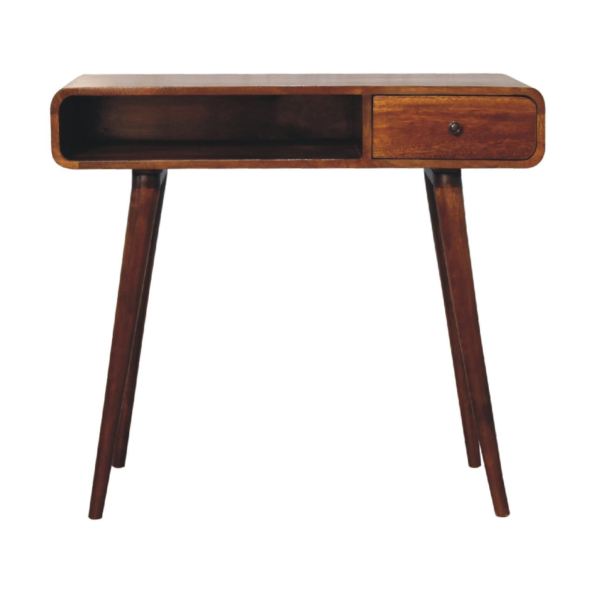 Front view of a chestnut desk with tapered legs, open storage slot, and right-side drawer