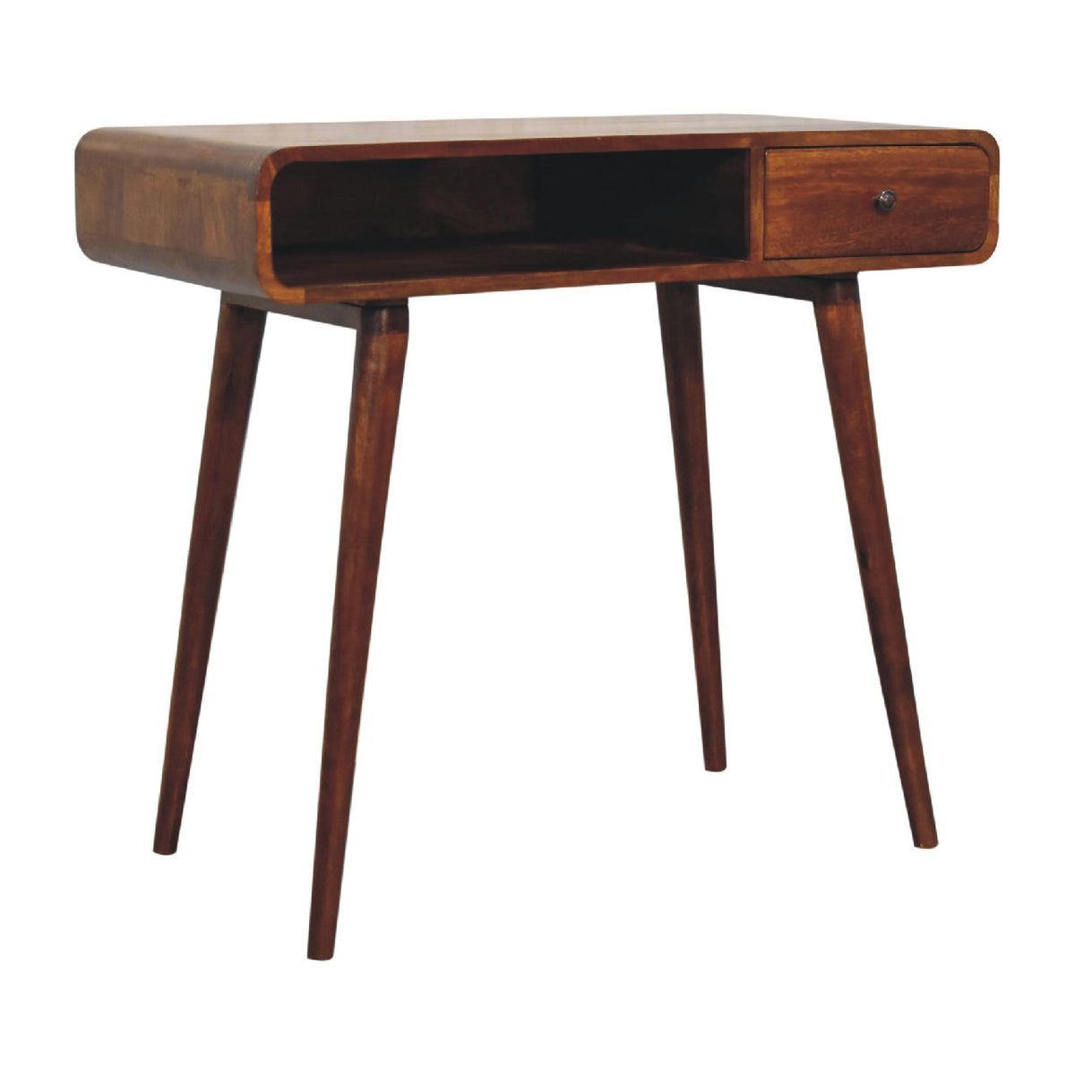Angled front view of the chestnut writing desk showing its open cubby and drawer