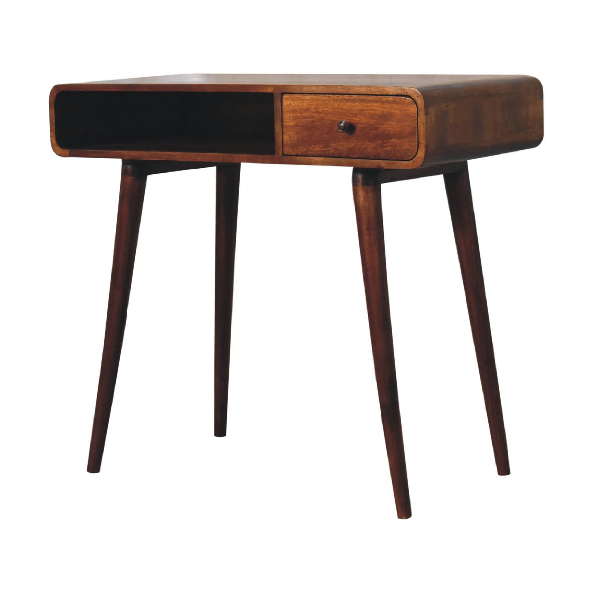 Opposite angled view of a chestnut desk with four tapered legs and a front drawer