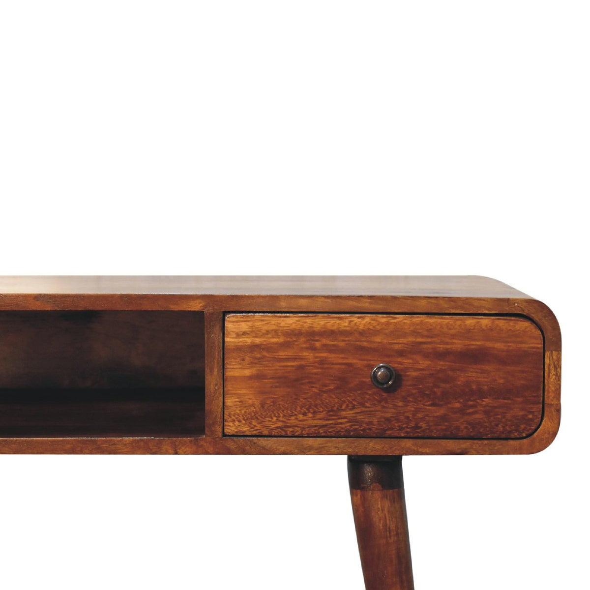 Close view of the desk drawer, brass knob, and rounded chestnut-finish front edge