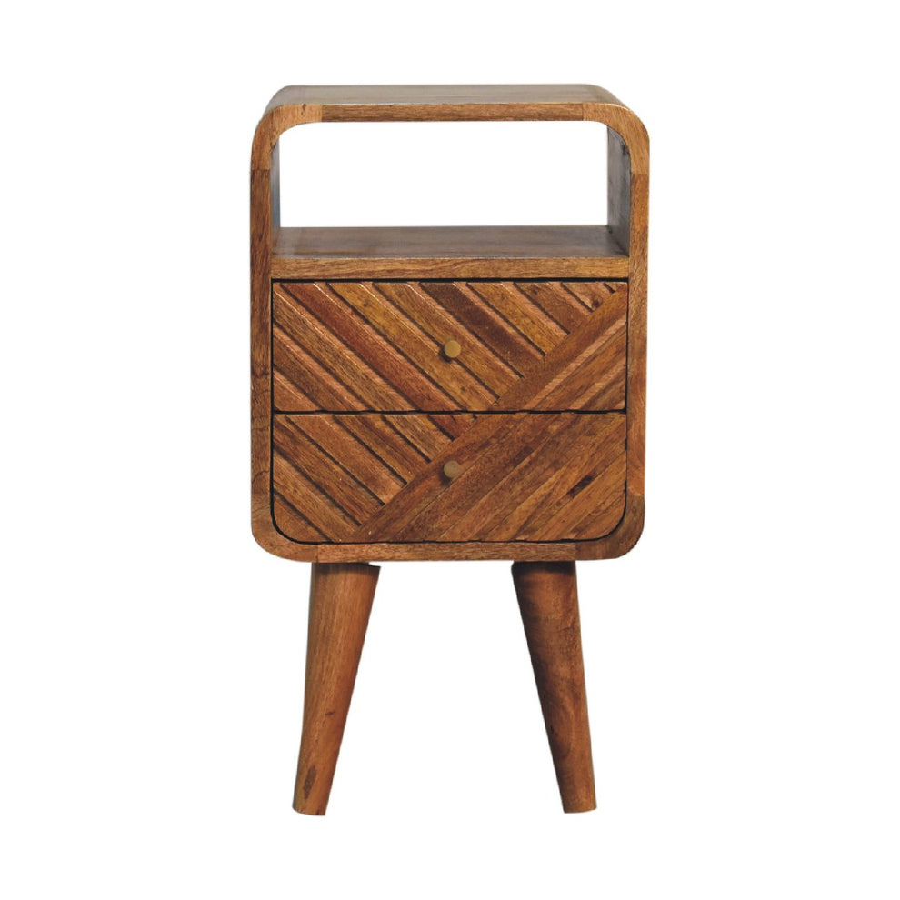 Brown wood nightstand, straight-on view showing open shelf and carved drawers