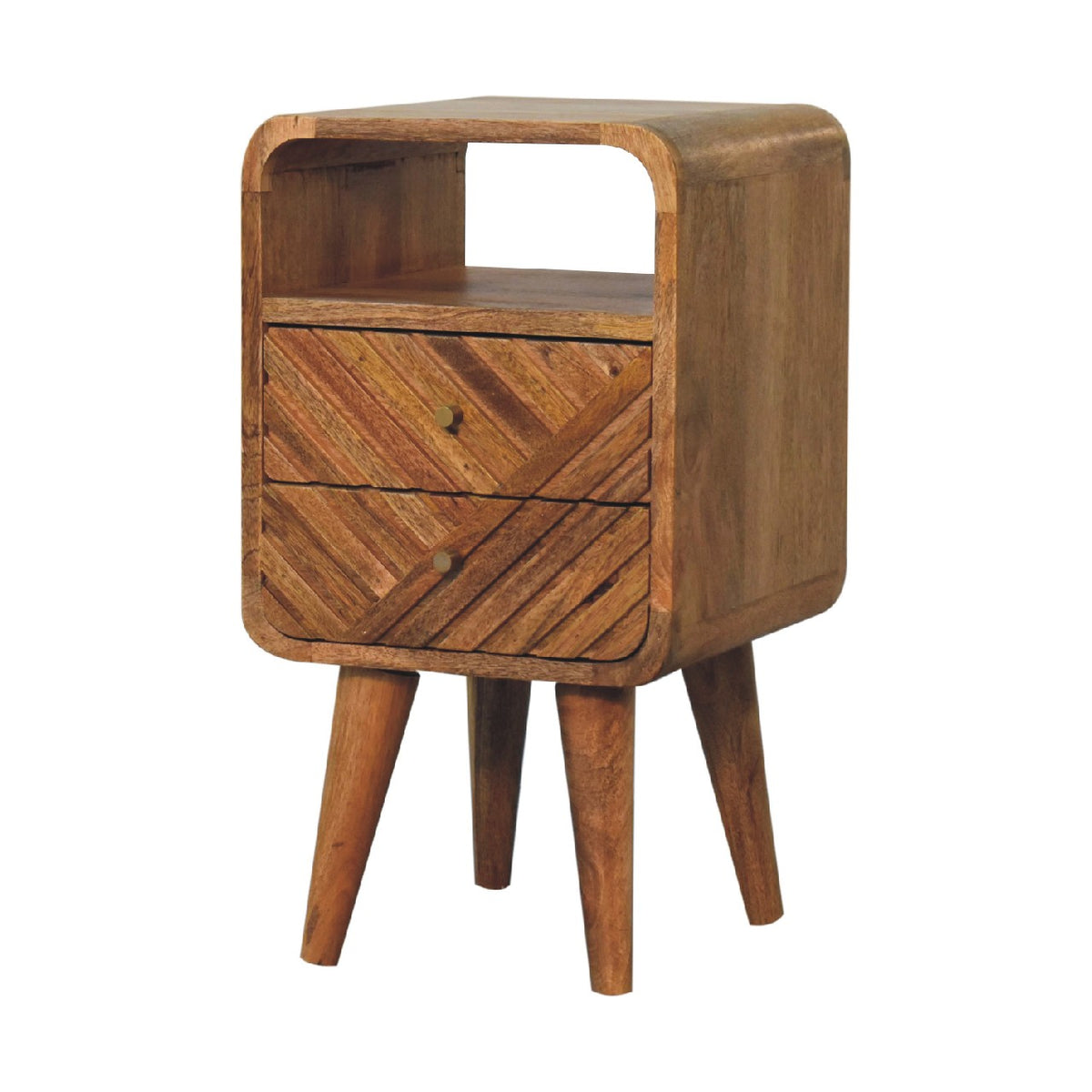 Brown wood nightstand in a three-quarter view showing its rounded side and tapered legs