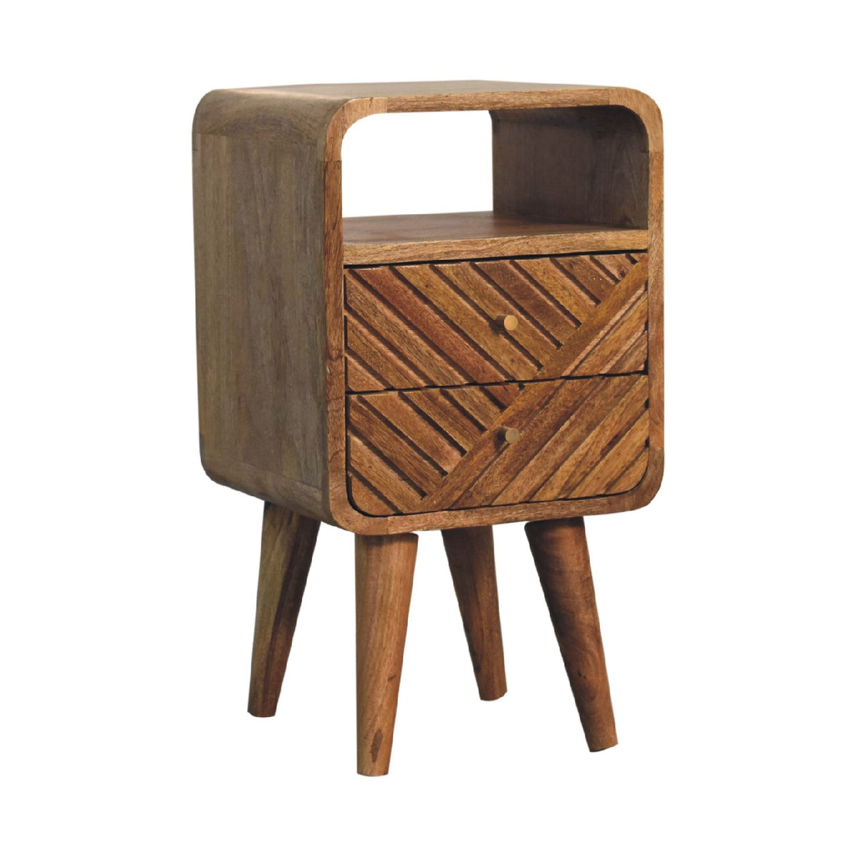 Brown wood nightstand from the opposite three-quarter angle, with open shelf and drawers