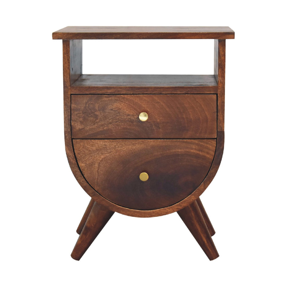 Chestnut nightstand shown straight on with two drawers, an open slot and angled legs