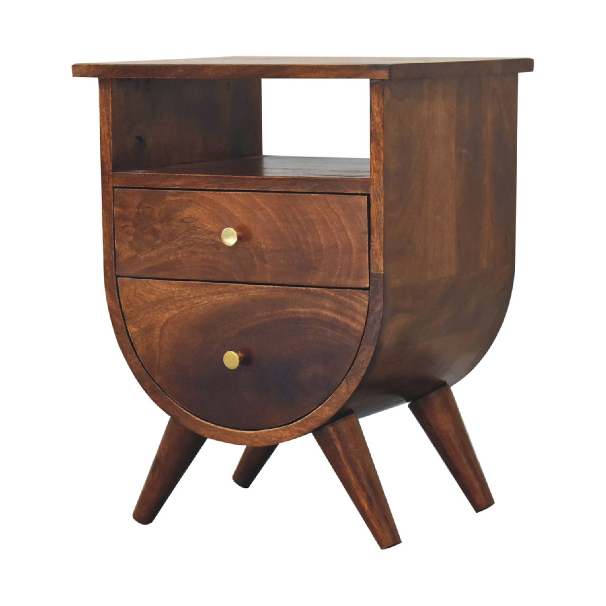 Chestnut nightstand from the front-right, showing its curved sides and open slot