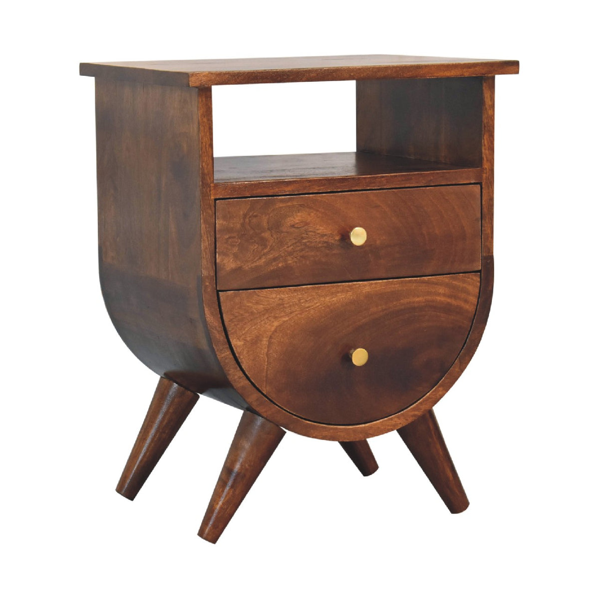 Chestnut nightstand from the front-left, with two drawers and an open slot