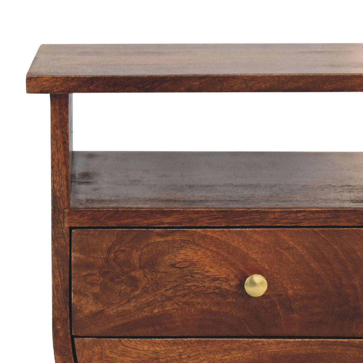 Close-up of the chestnut nightstand's open slot, top and upper drawer with brass knob