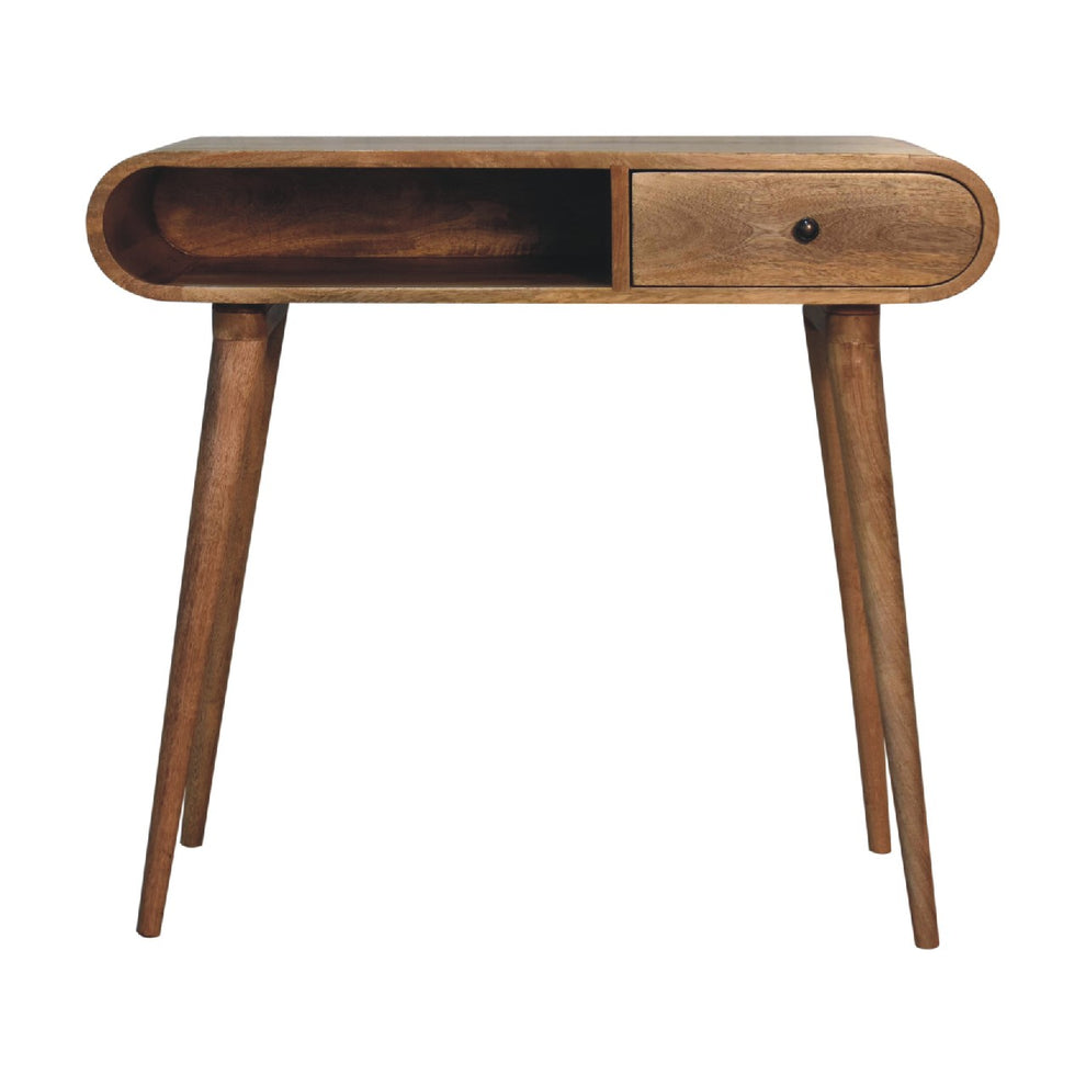 Chestnut wood writing desk shown straight on with an open slot and drawer