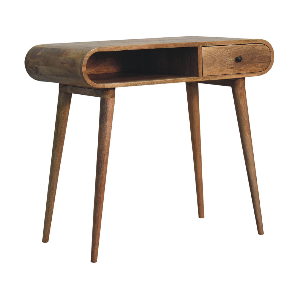 Chestnut wood writing desk from the opposite front angle, showing its rounded side