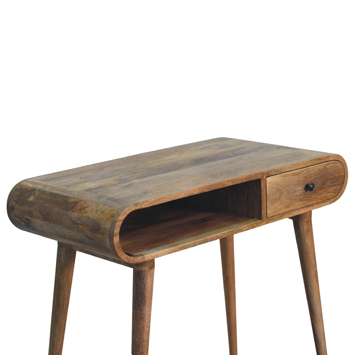 Chestnut wood writing desk viewed from above at a front angle