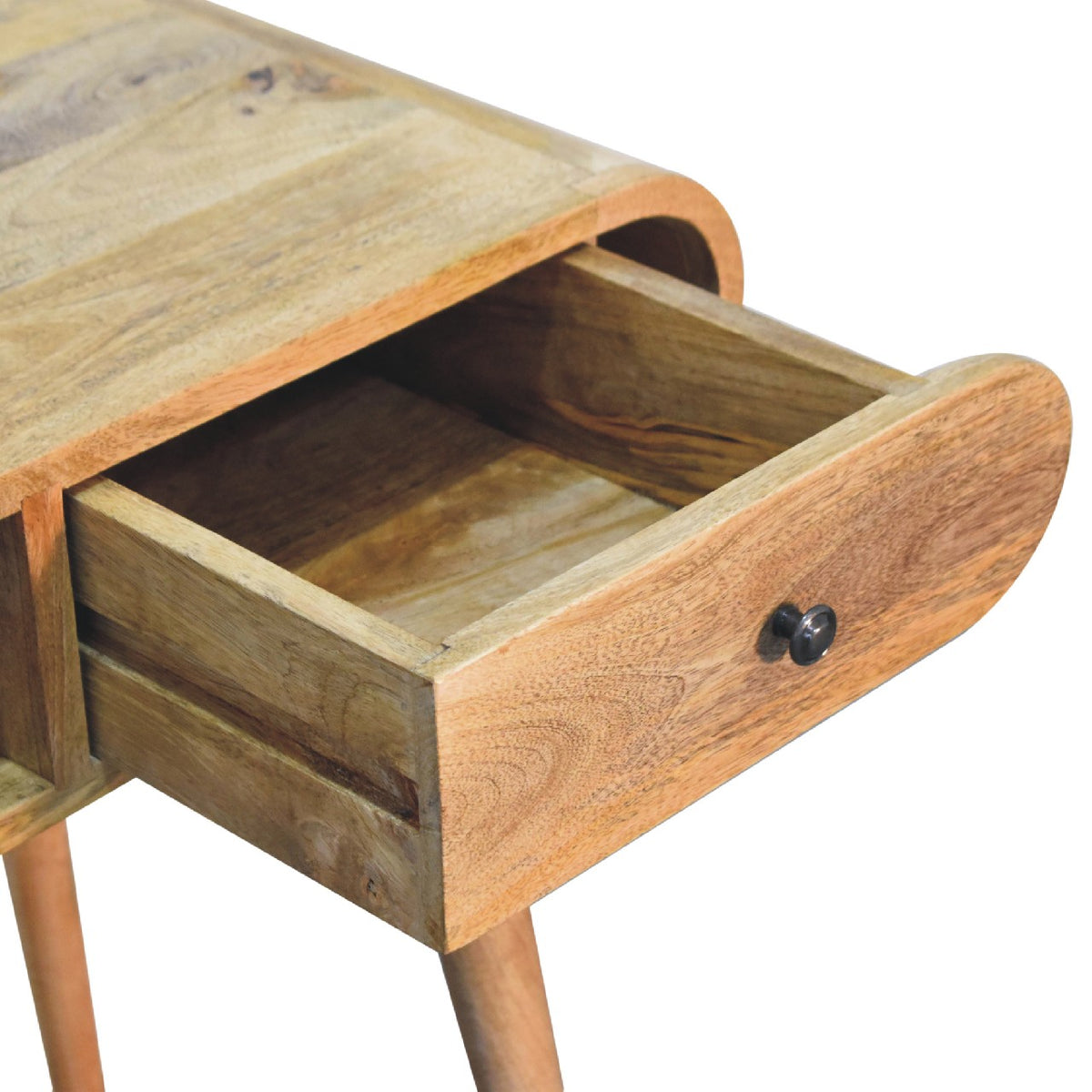 Open desk drawer shown close up with the chestnut wood interior visible