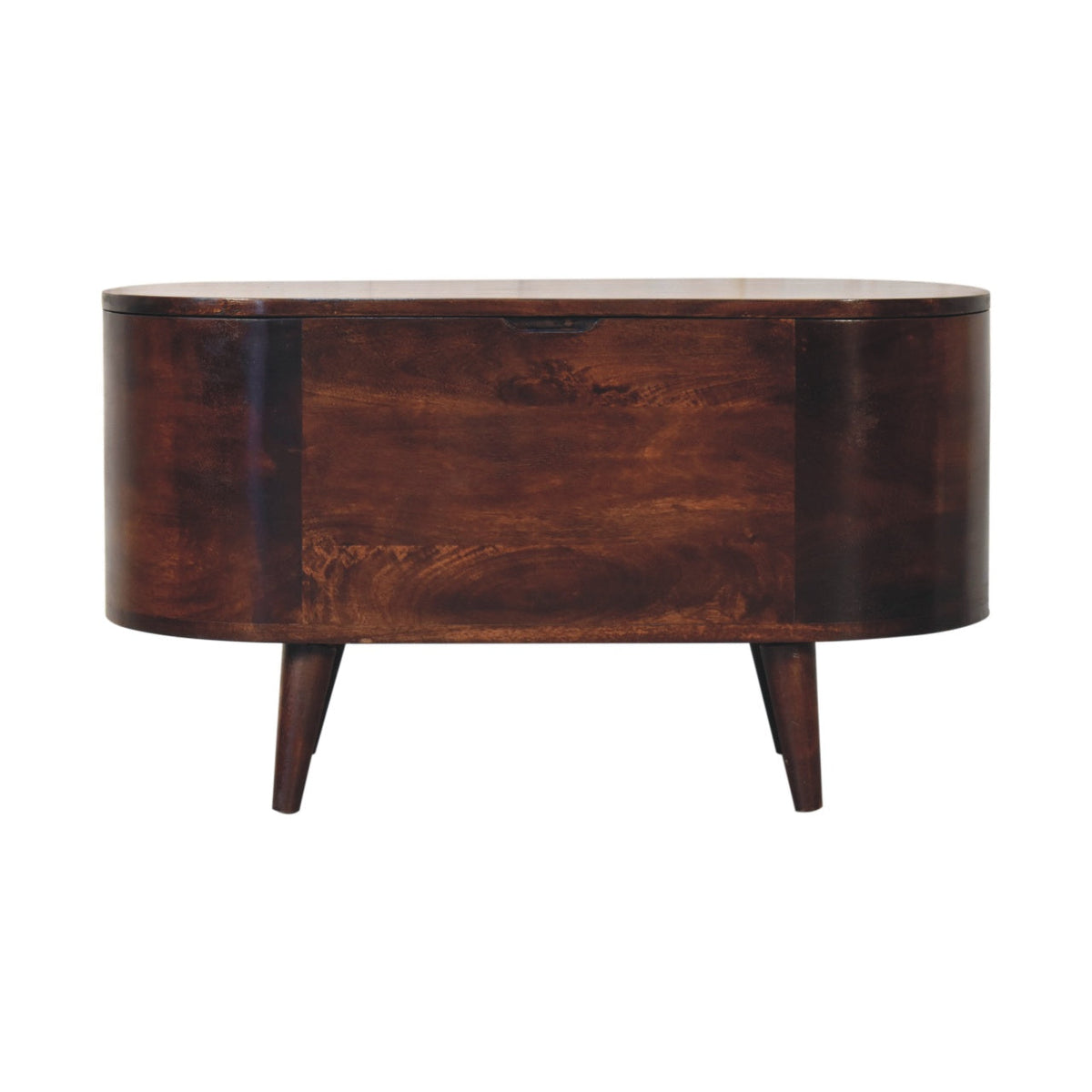 Dark wood rounded blanket box shown straight on, with a flat lid and two tapered legs visible.