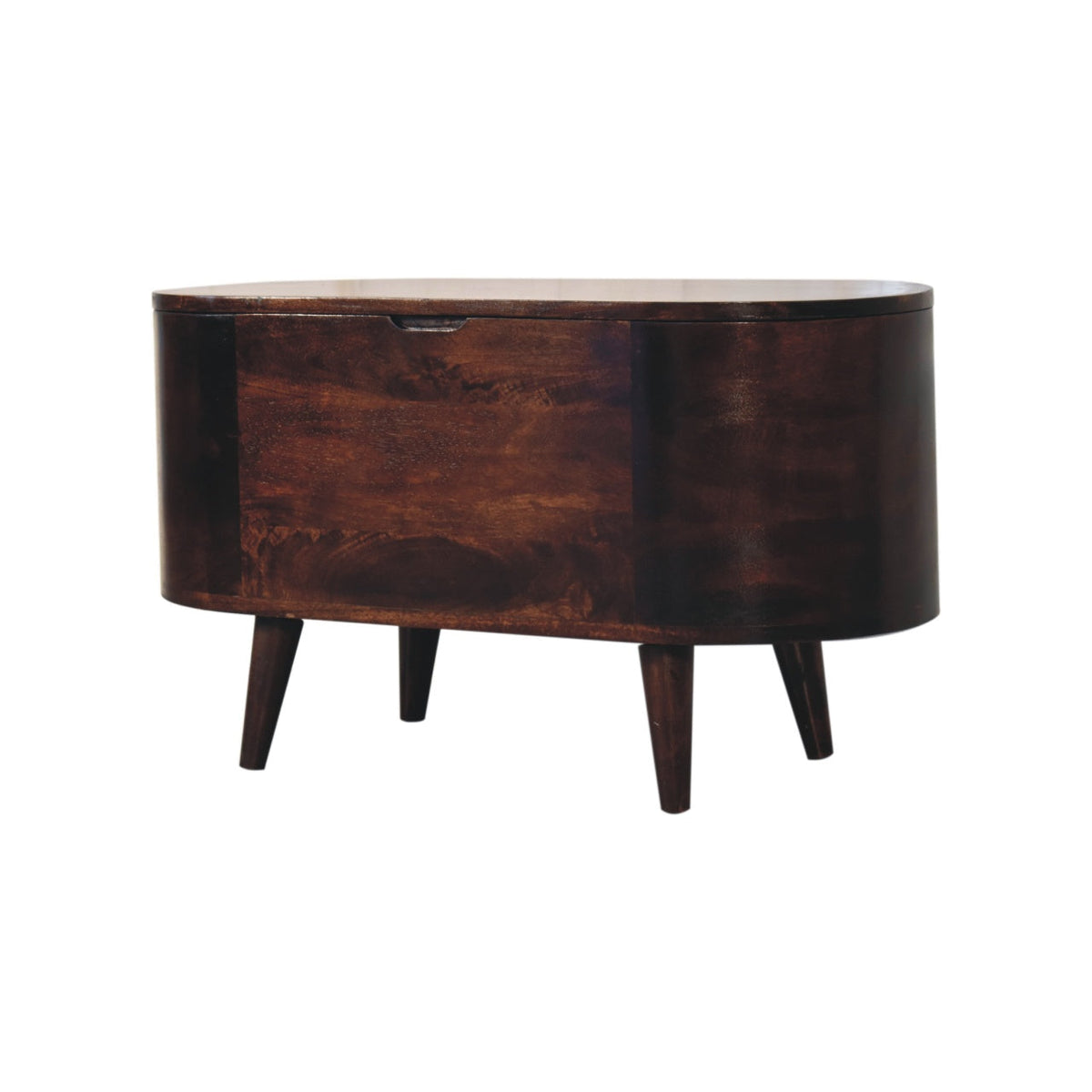 Rounded blanket box viewed from the left, revealing its curved side, front lid notch, and tapered legs.