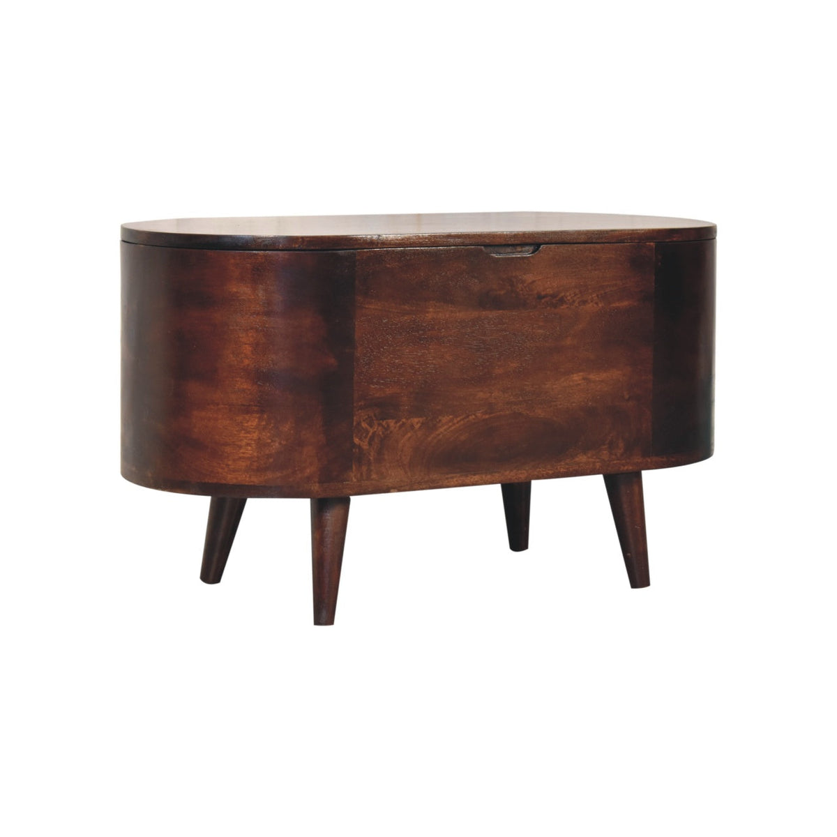 The wooden chest from the opposite angle, with its rounded end and recessed grip along the lid visible.
