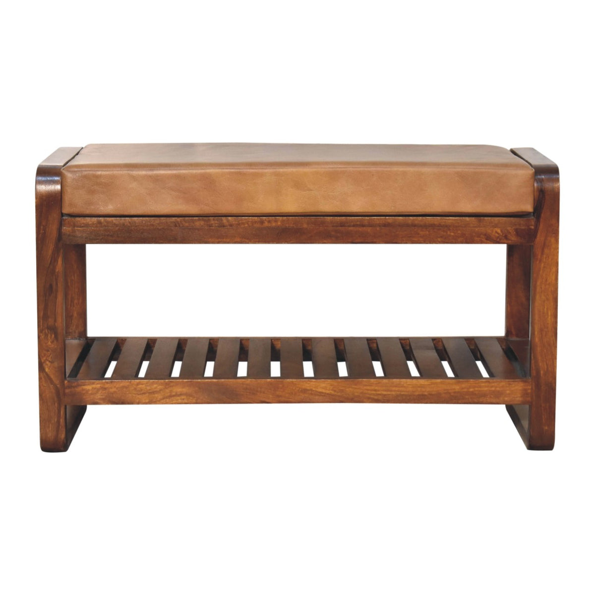 Front view of a hallway bench with tan seat and slatted wood shelf