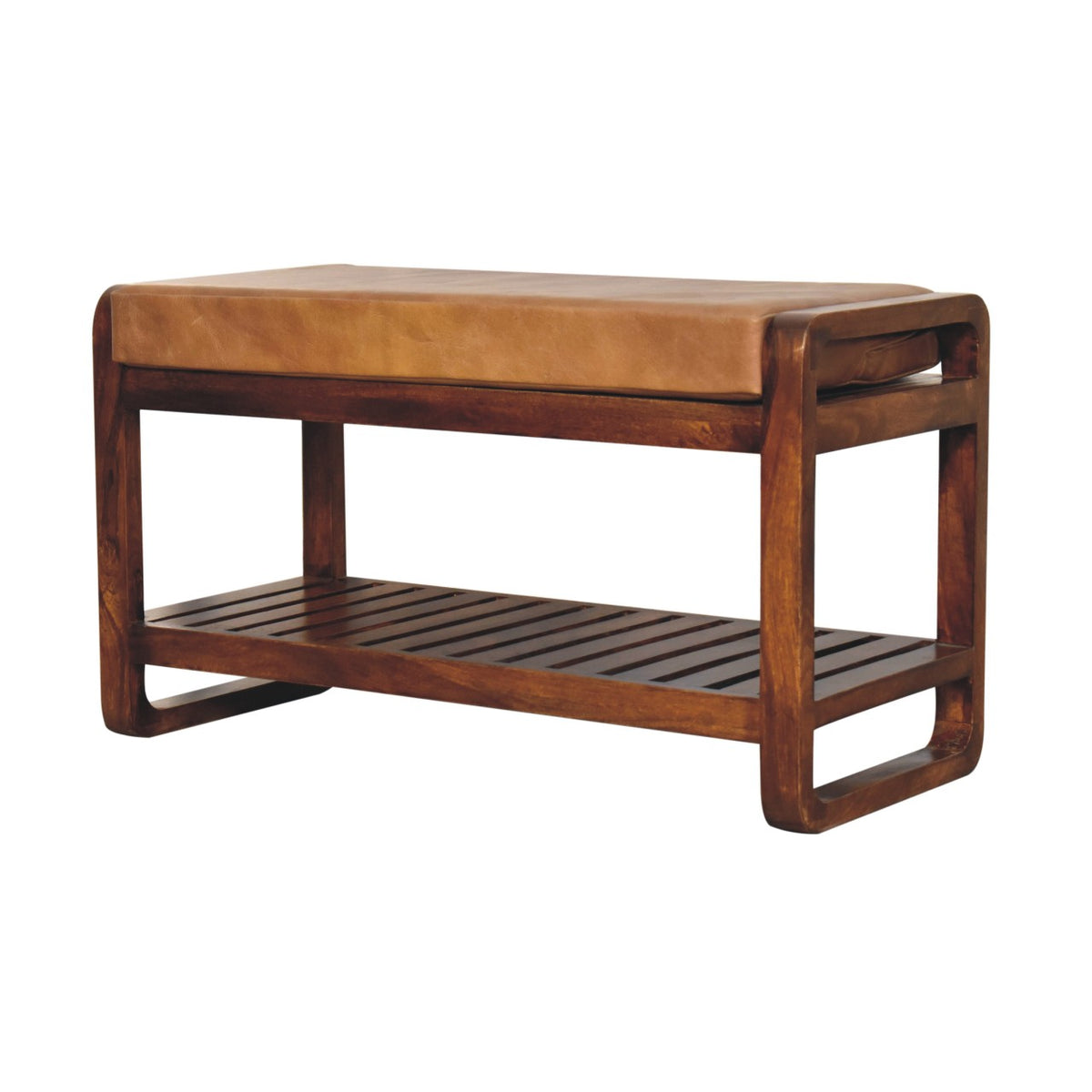 Tan leather-seat bench with slatted shelf, angled view from the right