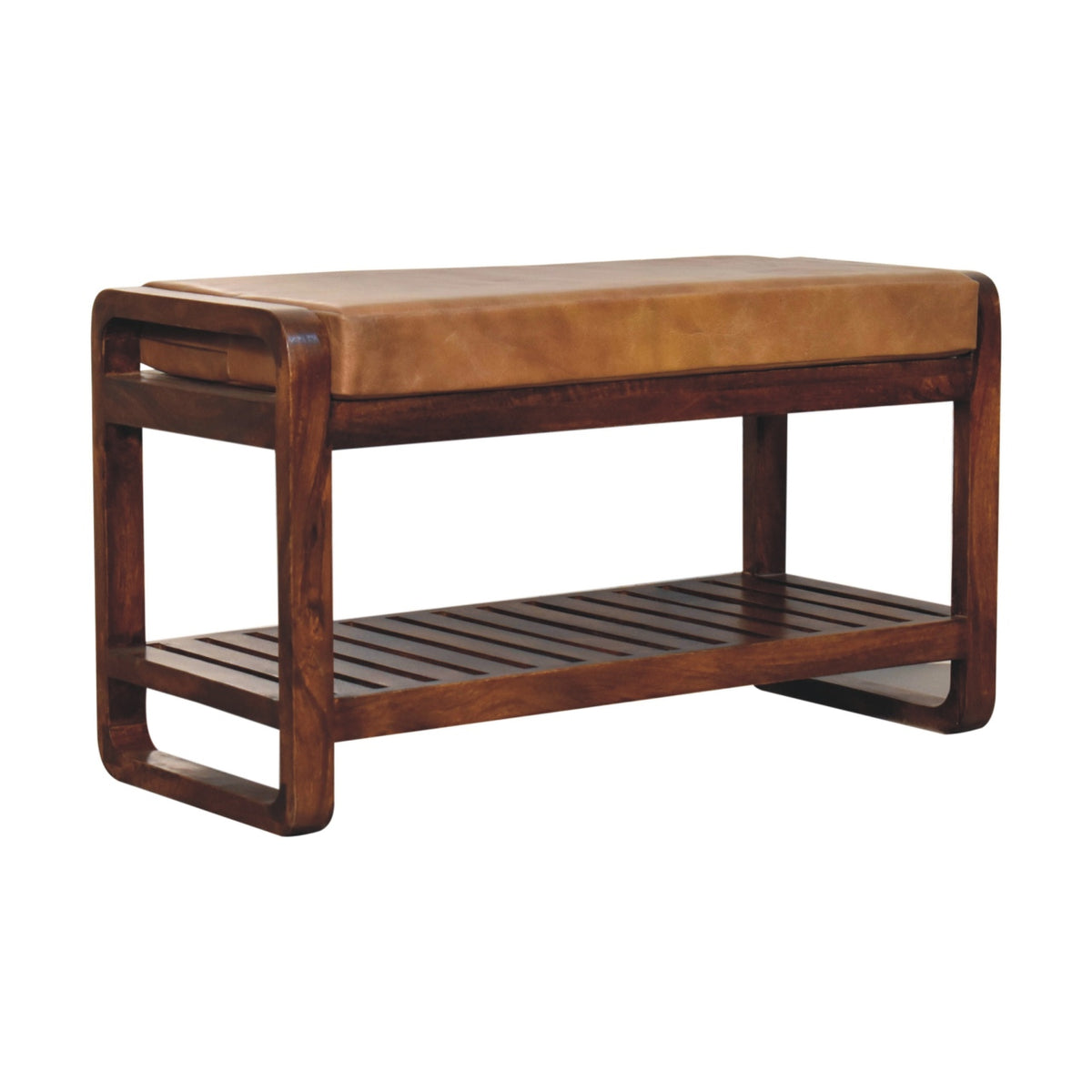 Chestnut wood bench with tan upholstered seat, angled view from the left