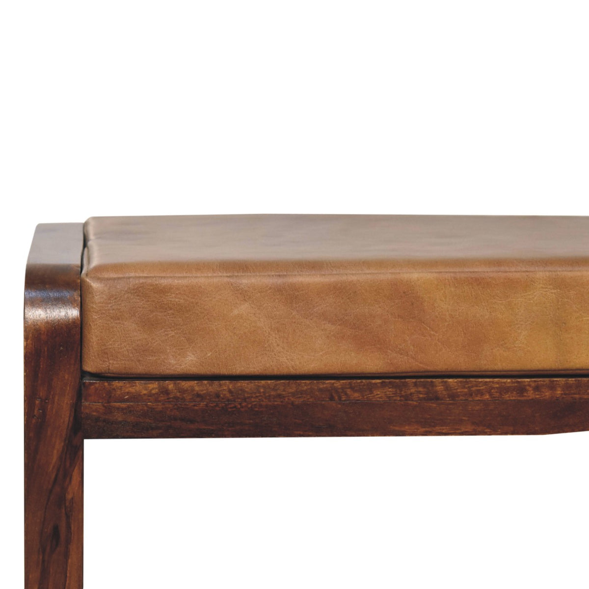 Close-up of the tan upholstered seat and dark chestnut wood frame