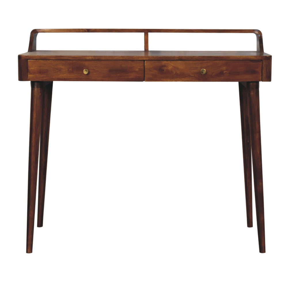 Chestnut console table in a straight-on front view with raised back and two drawers