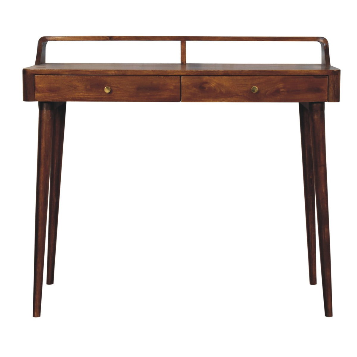 Centered front view of a chestnut console table with paired drawers and tapered legs