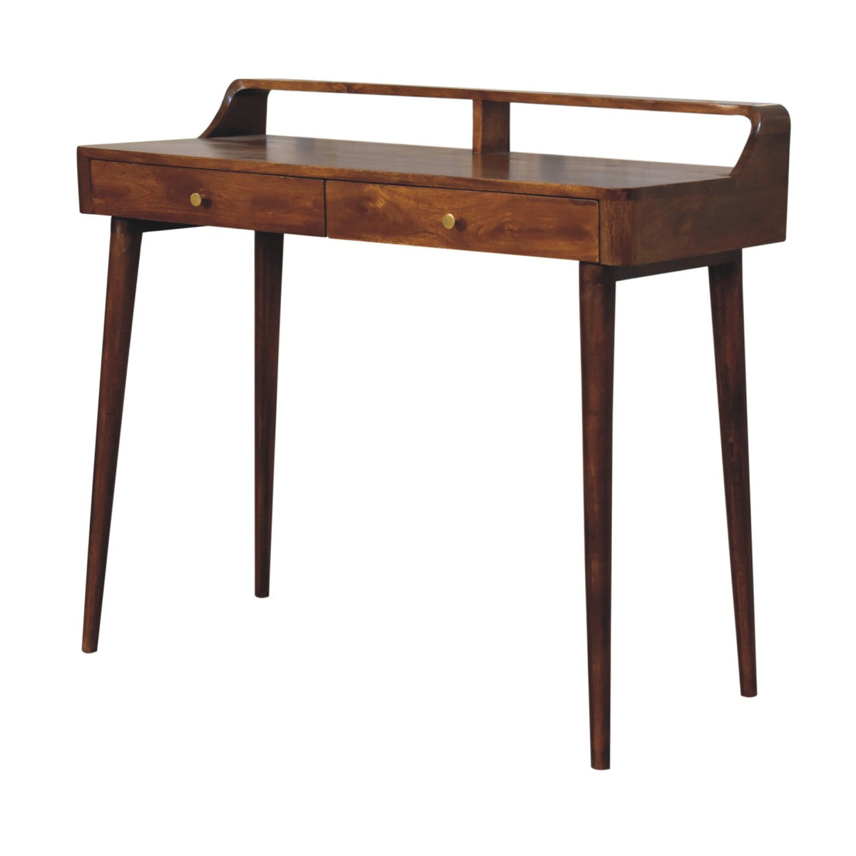 Angled front view of chestnut console table showing two drawers and tapered legs