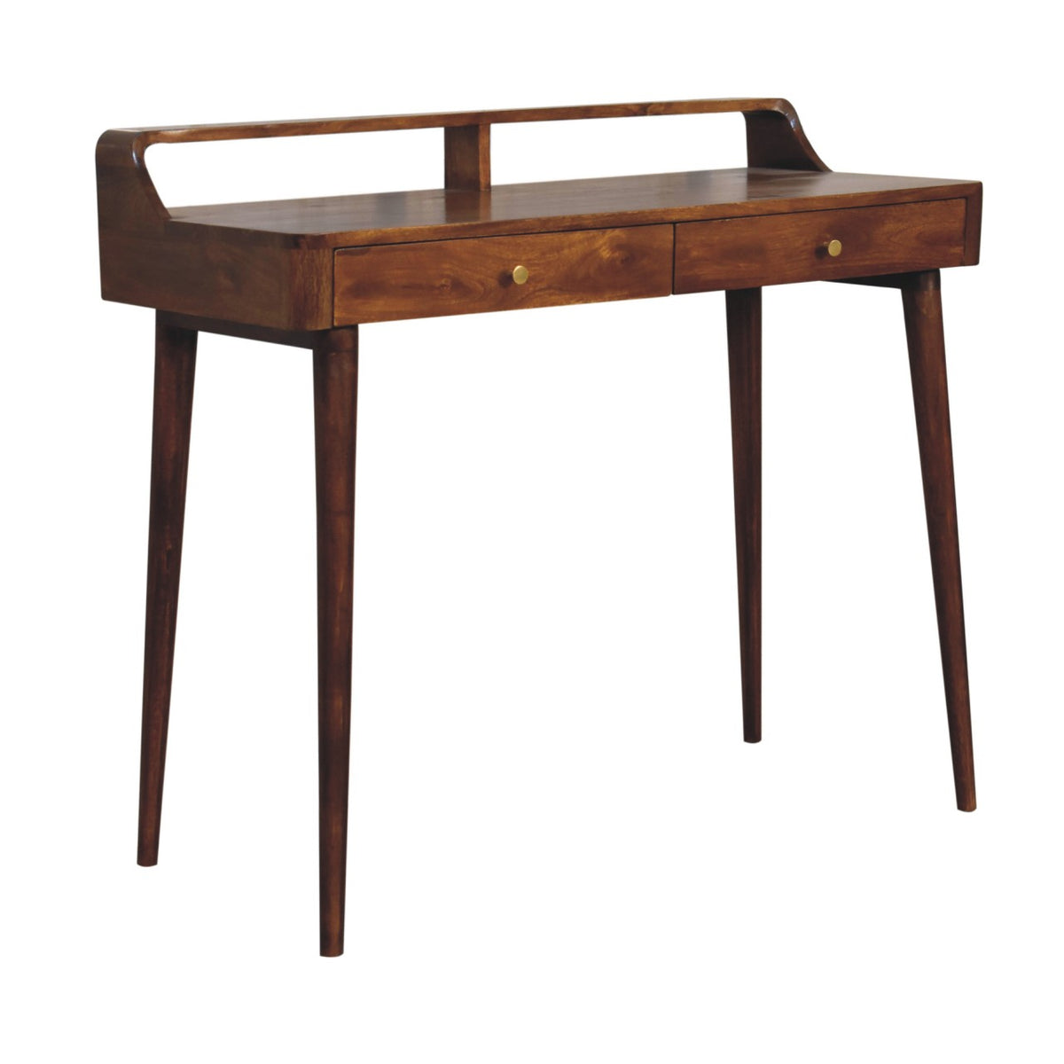 Opposite angled view of chestnut console table with raised back rail and two drawers