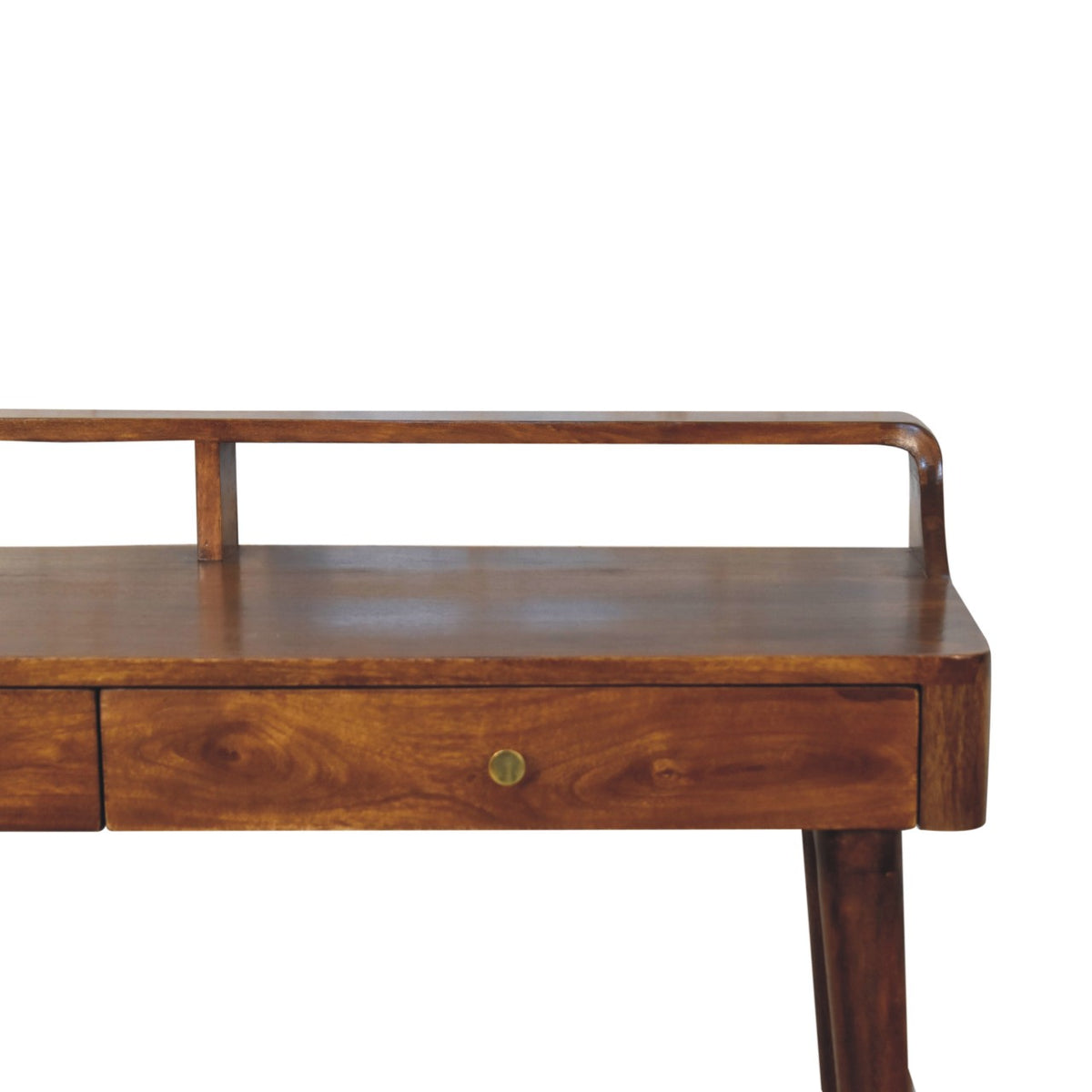 Close view of chestnut console table drawer, visible wood grain, and raised back rail