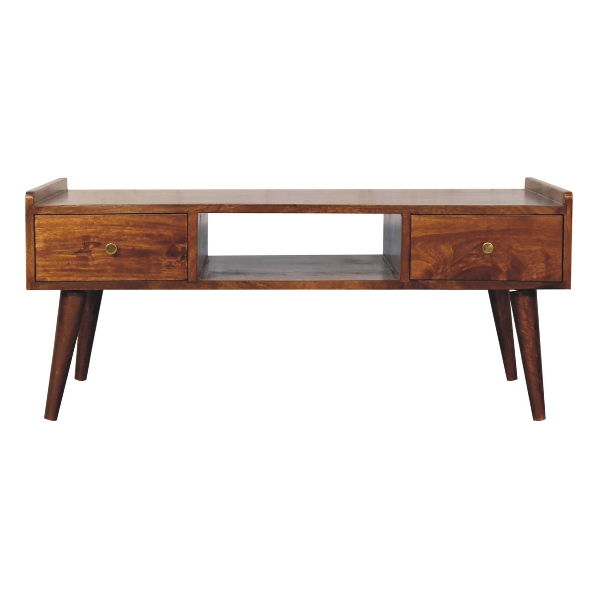 Front view of a chestnut coffee table with raised end edges, drawers and four legs